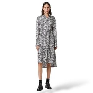 AllSaints Anya Plume Wing Midi Shirt Dress Black White Viscose Size M